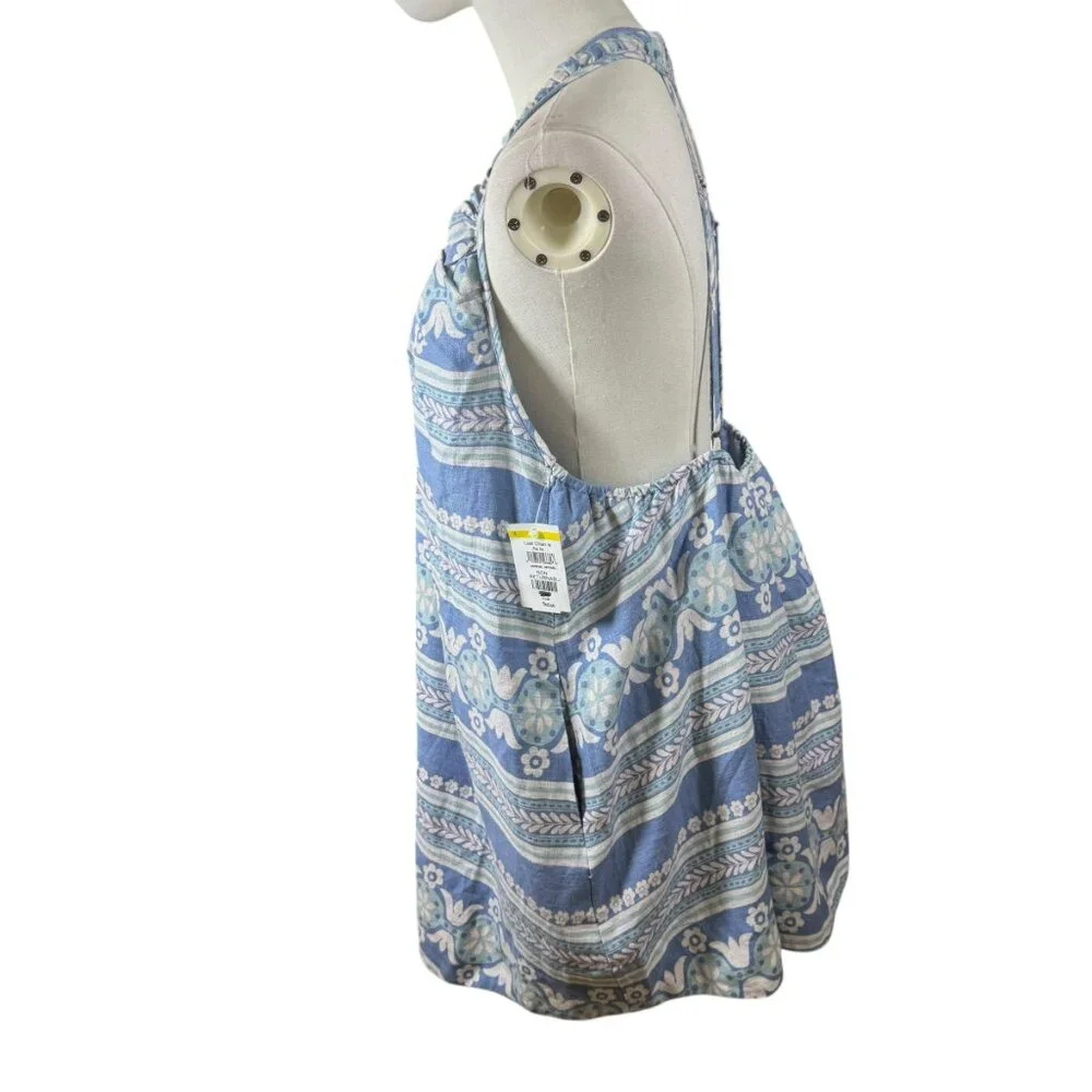 Free People Linen Blend Halter Mini Dress Blue Boho Floral Stripe Pattern Size M - Picture 12 of 12